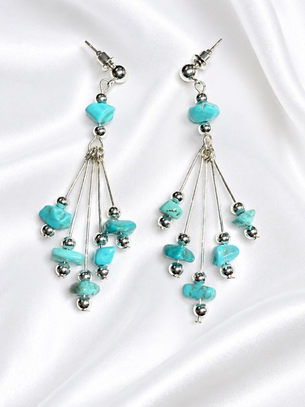 REIMAGINED Blue Howlite Chandelier Dangle Post Earrings Silver Tone 2.5”